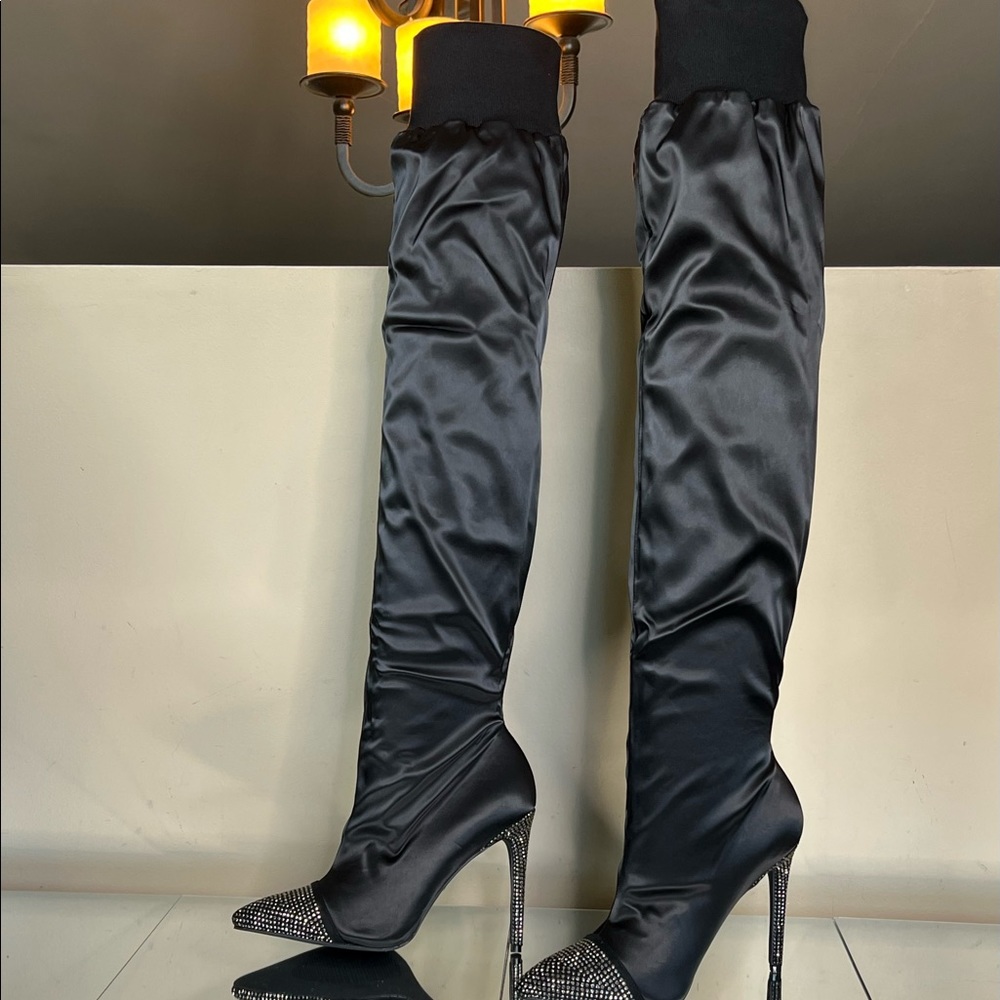 Black Satin Rhinestone Embellished Over the Knee Boots - Picture 7 of 12